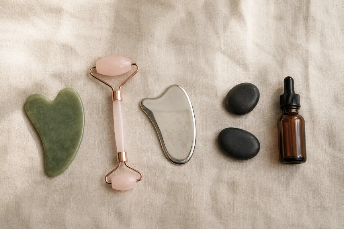 Left to right on linen: a jade gua sha stone, a rose quartz facial roller, a stainless steel gua sha tool, two smooth black basalt stones, and a dropper bottle of facial oil