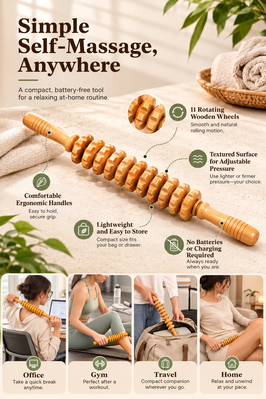 Labelled diagram of the roller stick showing eleven rotating wooden wheels, a textured surface, ergonomic handles and no batteries, with four photos of it in use at a desk, after a workout, packed in a bag and at home
