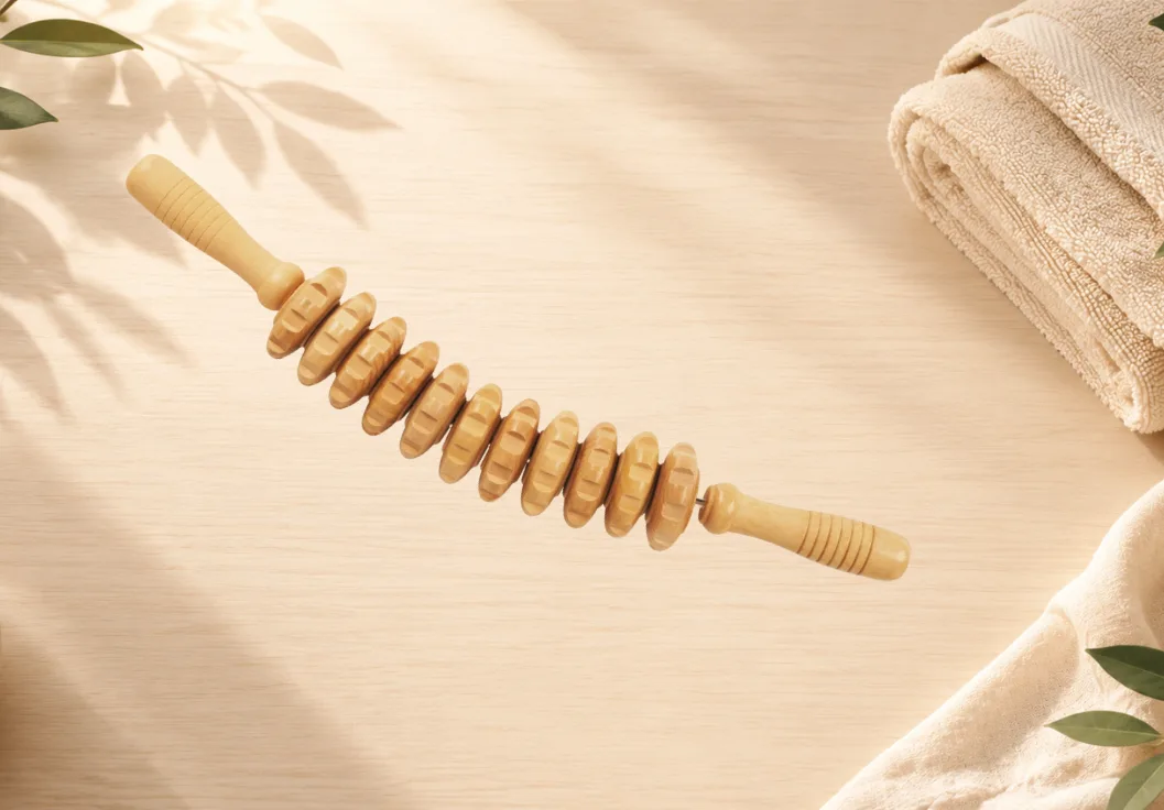 A wooden roller stick with eleven grooved rings lying on a pale wood surface beside a rolled towel
